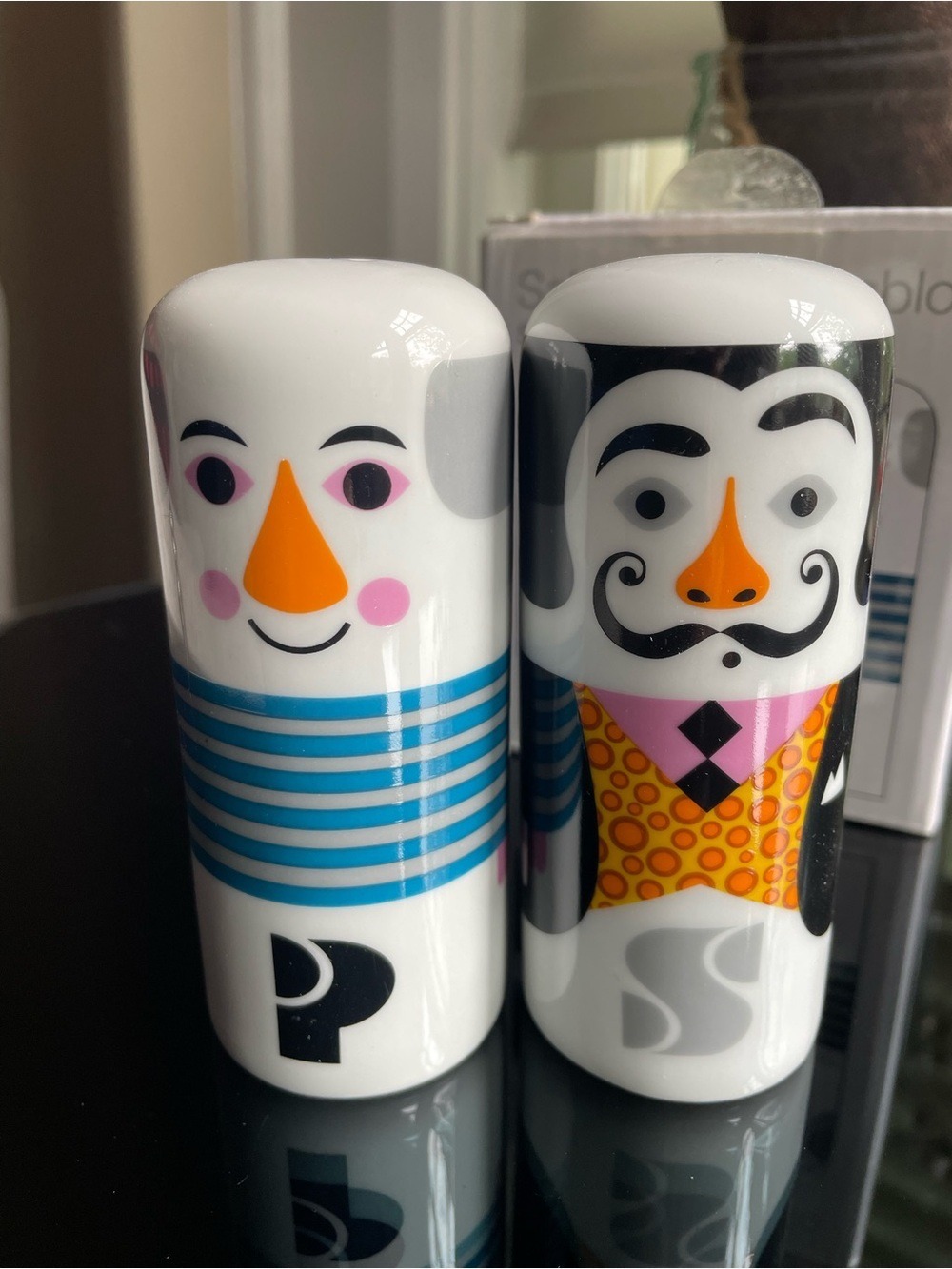 Salvador and Pablo Salt Pepper Shakers Vintage White Blue Orange Ceramic